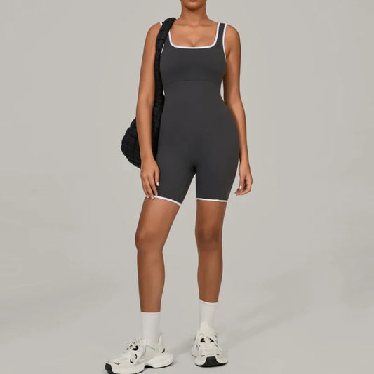 Cralom Women's Collar Gym Romper - Fashionable Color Block Fitness Jumpsuit