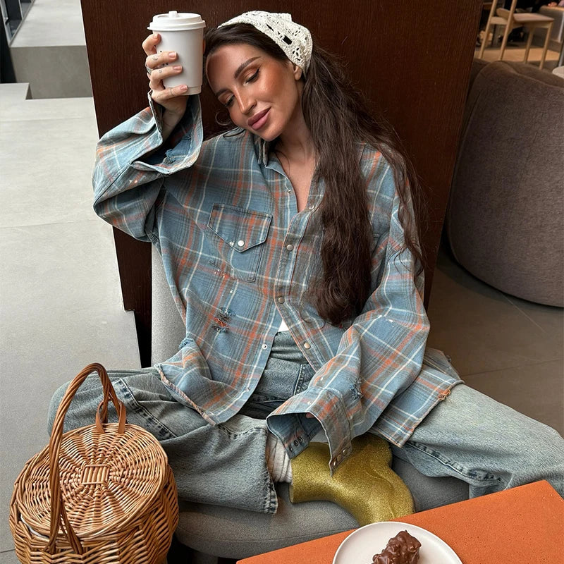 Cralom Vintage Oversized Denim Plaid Shirt with Lapel Pocket