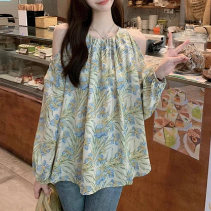 Cralom Floral Print Chiffon Off-Shoulder Top - Green