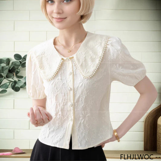 Cralom Button Shirts: 2025 Summer Women's Beaded Peter Pan Collar Top