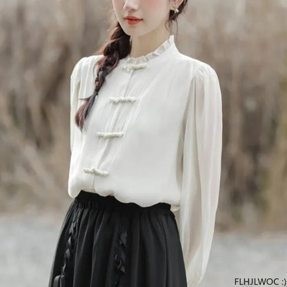 Cralom Chic Cotton Ruffles Beaded Chi-pao Collar Blouse