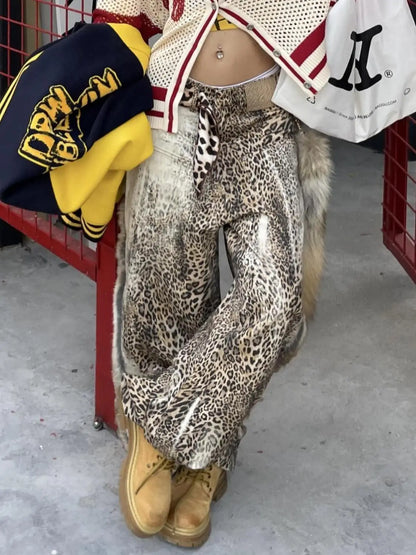 Cralom Vintage Leopard Wide Leg Jeans - Y2K Fashion Streetwear