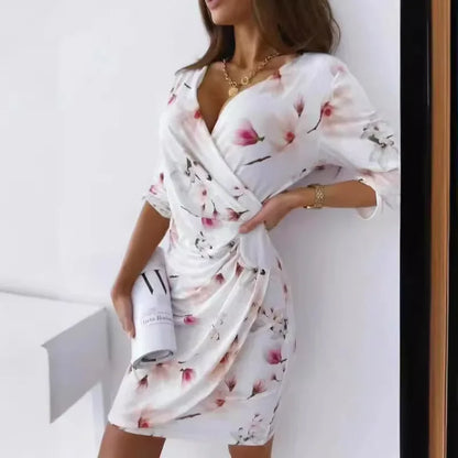 Cralom Printed V-neck Slim Dress for Autumn 2024