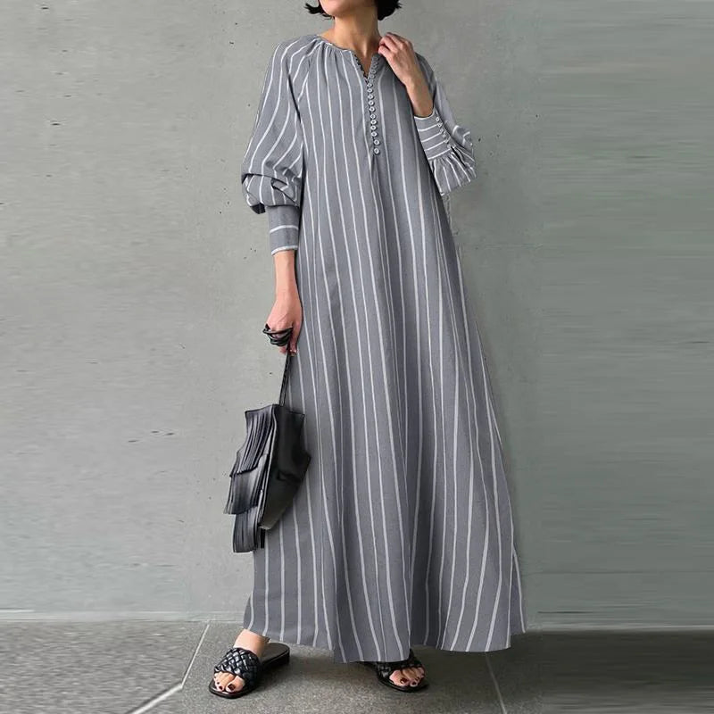 Cralom Striped Cotton Linen Long Sleeve Pullover Dress Summer 2024