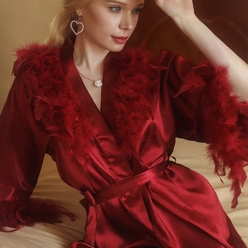Cralom Women's Feather Solid V-Neck Belted Robe for Elegant Sleepwear