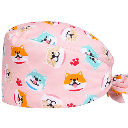 Cralom Cotton Scrub Cap with Sweatband, Tie Back Working Hat for Beauticians