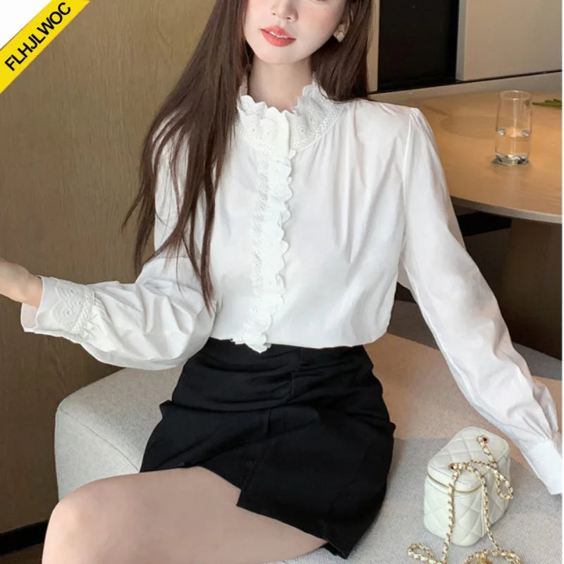 Cralom Ruffled Lace White Blouse for Girls & Women, Long Sleeve Formal Office Shirt