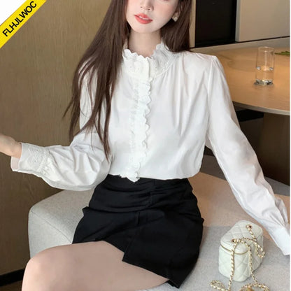 Cralom Ruffled Lace White Blouse for Girls & Women, Long Sleeve Formal Office Shirt