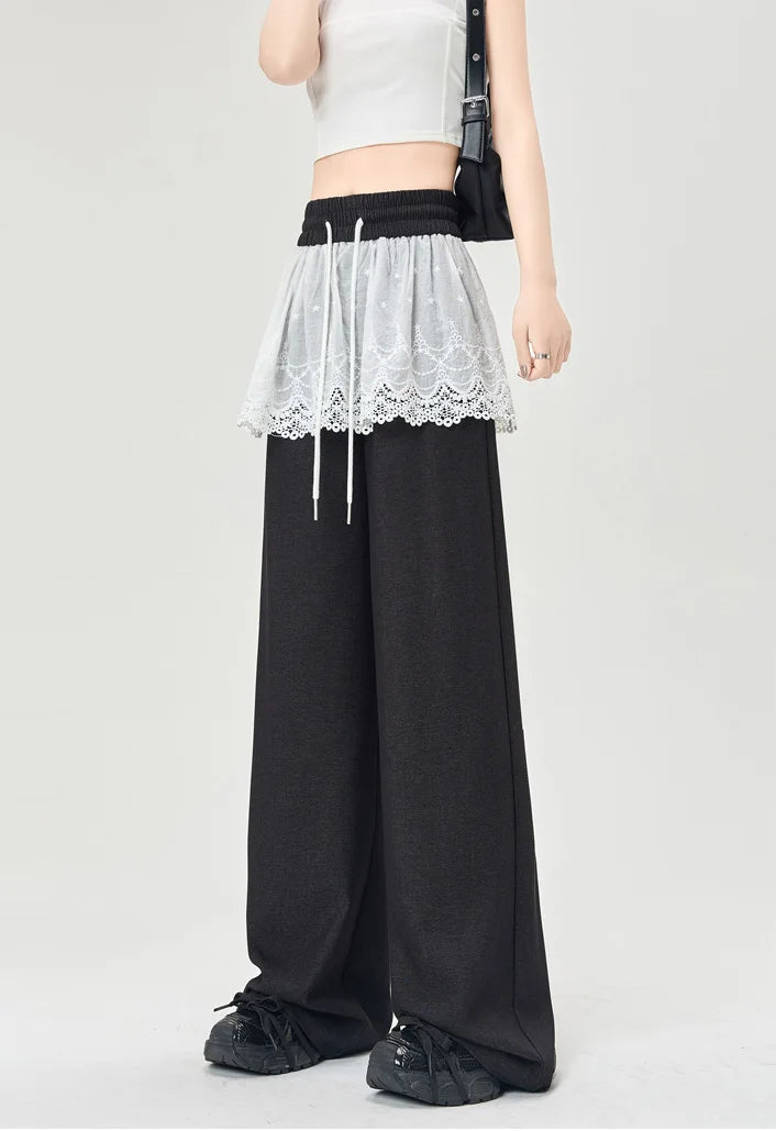 Cralom Lace Spliced Capris Loose Lace-Up Pants 2025 Spring-Summer Streetwear Fashion
