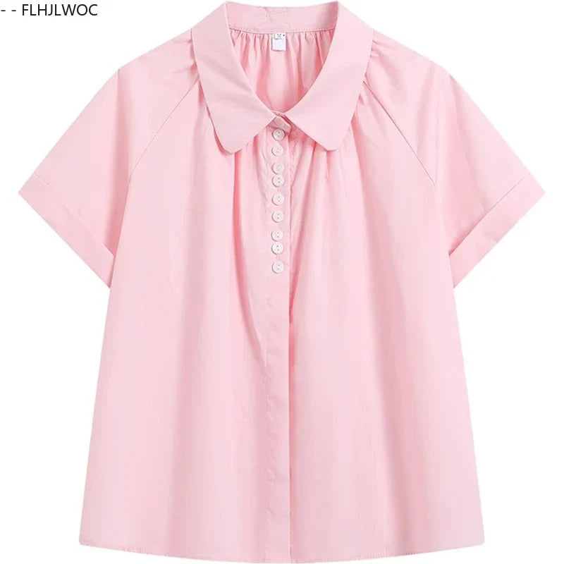 Cralom Short Sleeve Peter Pan Collar Top - Pink Vintage Summer Blouse