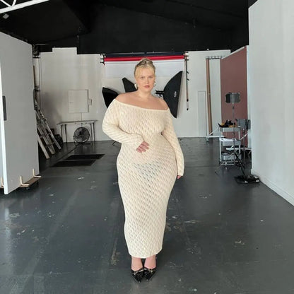 Cralom Off-Shoulder Knitted Long Dress with Elegant Hollow Out Design