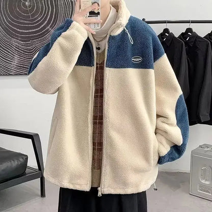 Cralom Men's Y2K Fashion Lamb Coat Plus Velvet Padded Leisure Jacket