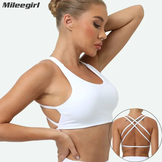 Cralom Cross Back Sports Bra, Padded Yoga Crop Top, Fitness Gym Workout Bra