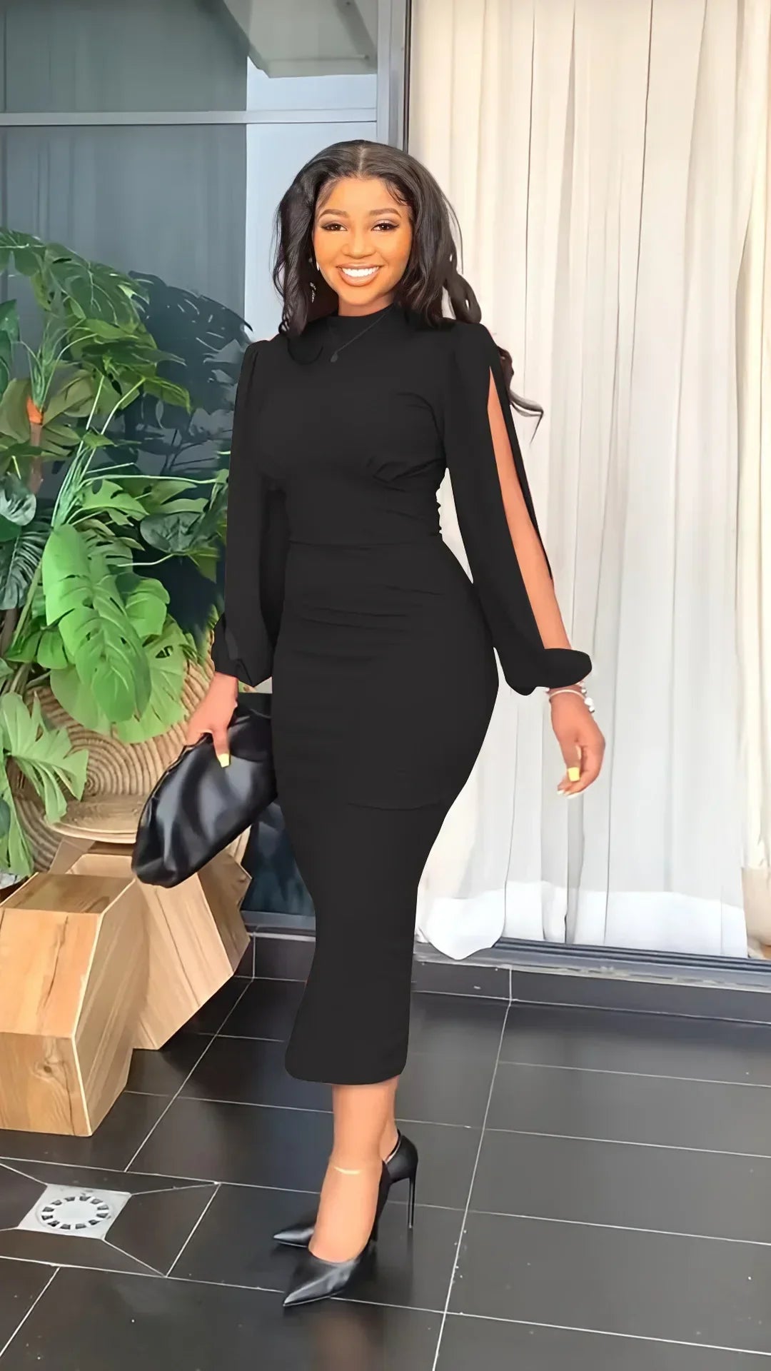 Cralom Round Neck Long Sleeve Hollow Sleeve Women's Dress