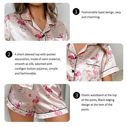 Cralom Silk Satin Pajama Set: Button Down Top, Shorts, V-Neck, 2 Pieces