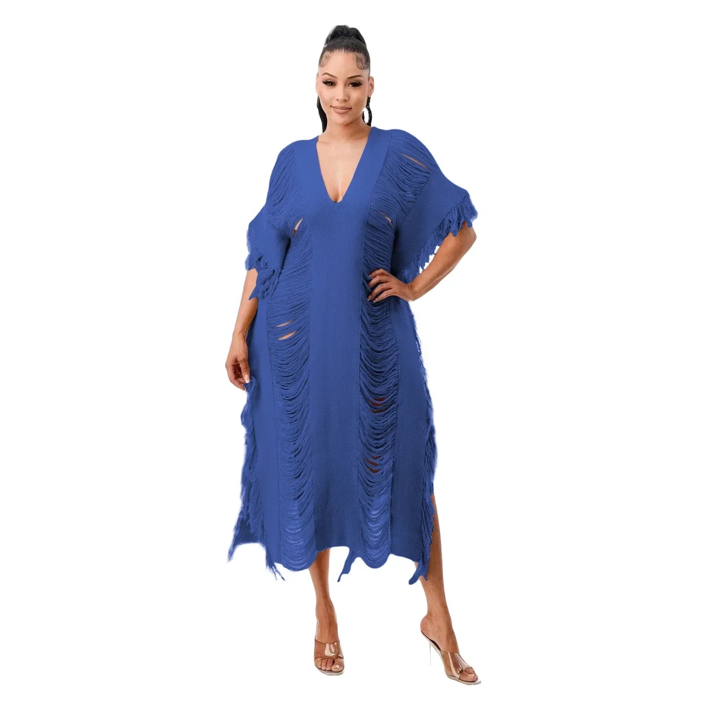 Cralom Women's Tassel Knit Midi Dress Beach Holiday Party Dress