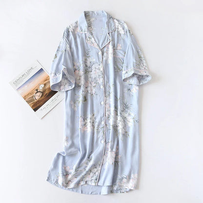 Cralom Soft Floral Nightgown Sleepdress Half-Sleeve Lapel Homewear Comfy