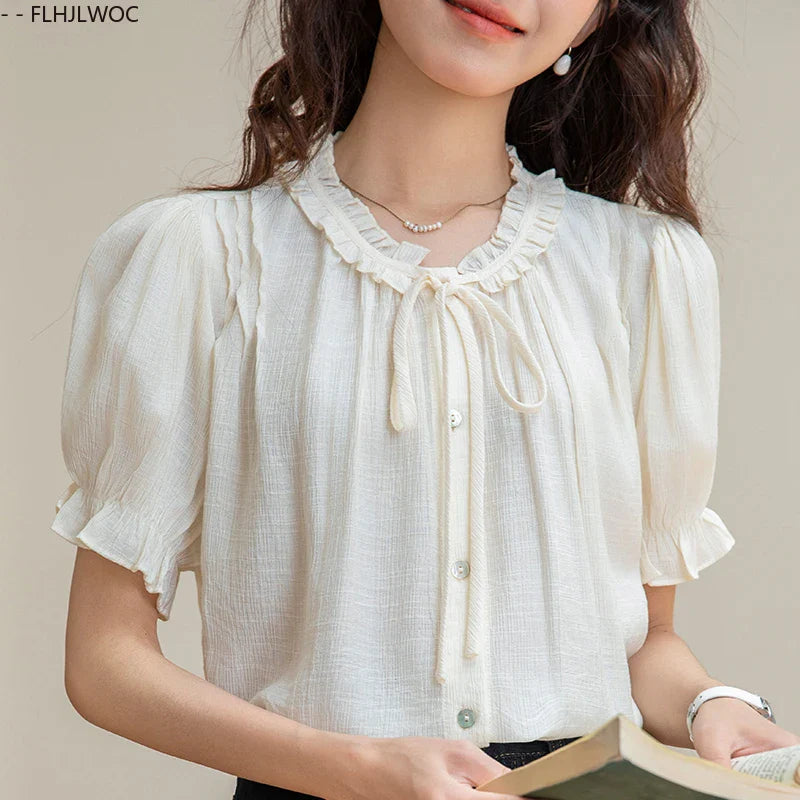 Cralom Stripe Floral Bow Tie Button Blouse Retro Vintage Preppy Style Tops