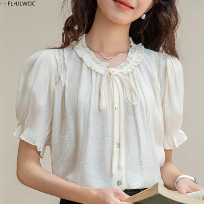 Cralom Stripe Floral Bow Tie Button Blouse Retro Vintage Preppy Style Tops