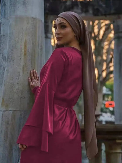 Cralom Luxury Satin Muslim Kaftan Abaya Dubai Caftan Robe Femme