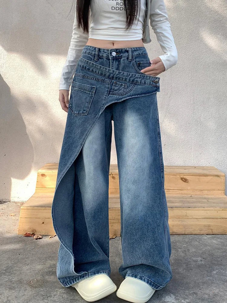 Cralom Vintage Blue Washed High Waist Straight Jeans for Women
