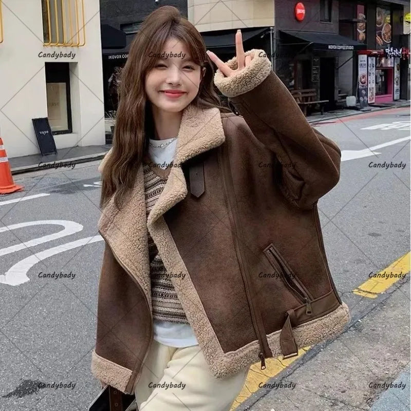 Cralom Imitation Lambswool Coat: Y2K Style Short Fur Jacket for Women
