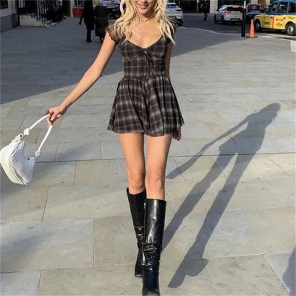 Cralom Lattice Pattern A-Line Mini Dress: 2021 Summer Casual Streetwear