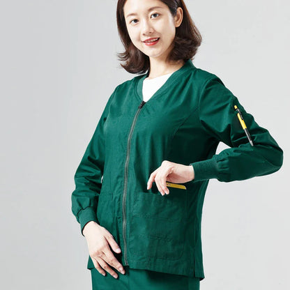 Cralom Knitted Zip Up Scrub Jacket: Long Sleeve Workwear Scrubs