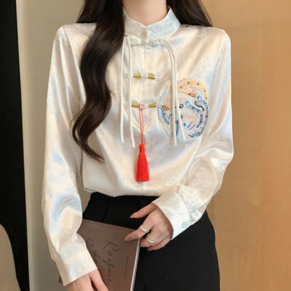 Cralom 2024 Spring Stand Collar Bow Tie Embroidered Blouse Vintage Button Shirt