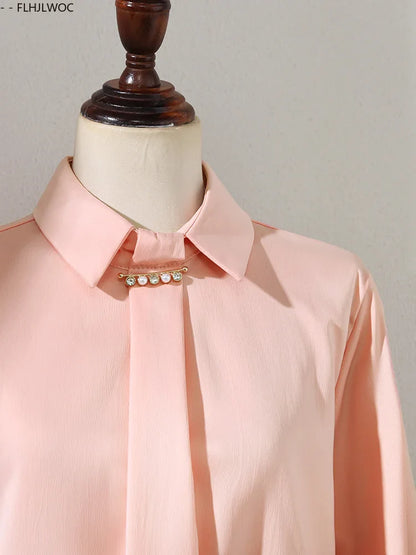 Cralom French Elegance Pink Blouse Long Sleeve Beaded Tops Office Lady New Design 2025