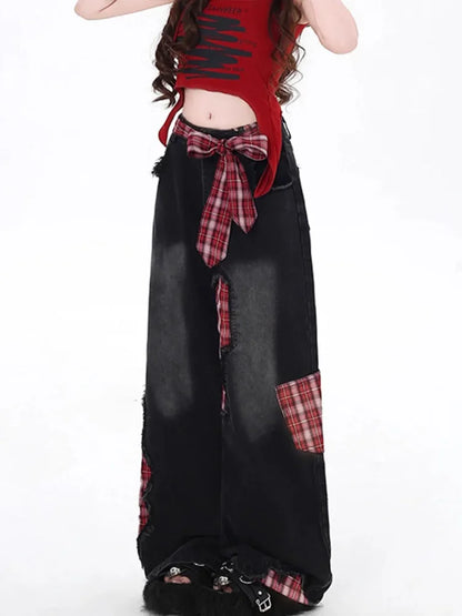 Cralom American Style Wide Leg Bow Jeans - High Waist Hottie Baggy Straight