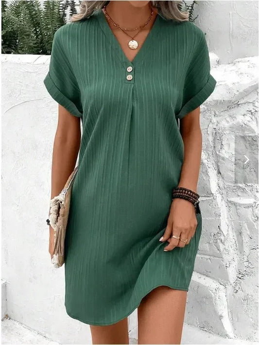Cralom V-neck Button Top Short Sleeve Dress Solid Color Comfort 2024 Summer