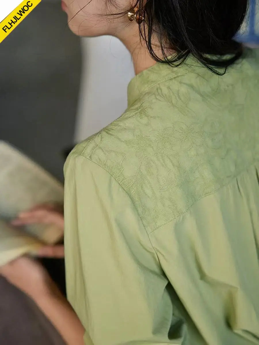 Cralom Green Button Vintage Style Long Sleeve Blouse for Girls