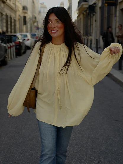 Cralom Elegant Chiffon Lantern Sleeve Loose T-shirt - Summer Autumn Fashion