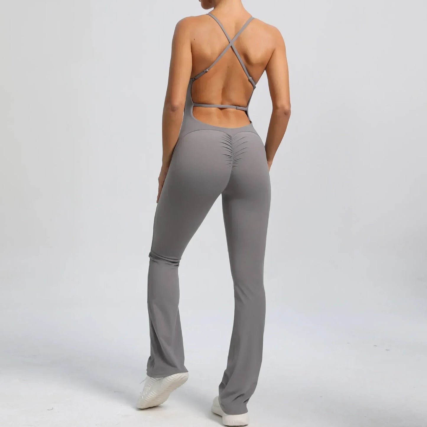 Cralom Seamless Yoga Set for Women, Open Back Flared Pants Gym Jumpsuit