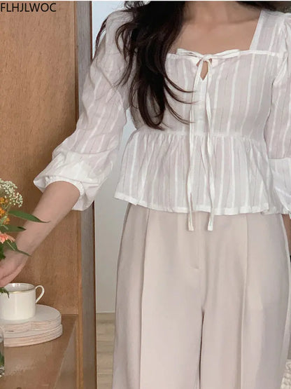 Cralom Peplum Ruffles Bow Tie Crop Top - White Square Neck Blouse