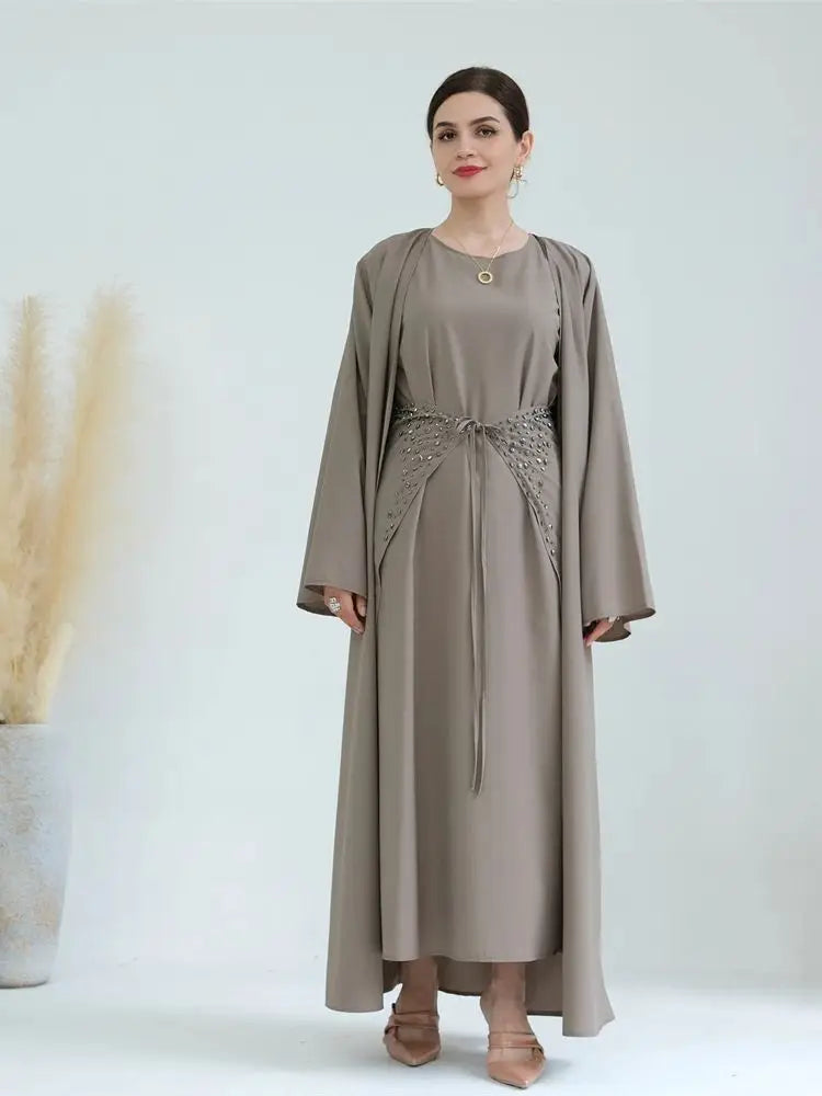 Ramadan Eid Open Abaya 3-Piece Set by Cralom: Elegant Muslim Prayer Dress & Kimono