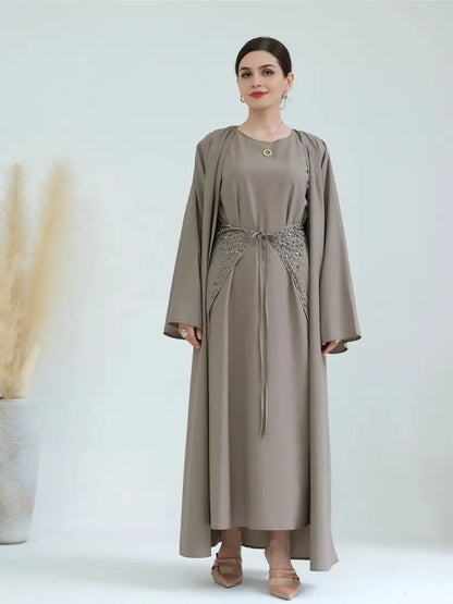Ramadan Eid Open Abaya 3-Piece Set by Cralom: Elegant Muslim Prayer Dress & Kimono