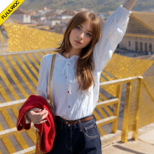 Cralom Cotton Ruffles Bow Tie Blouse - White Chic Fashion Shirt