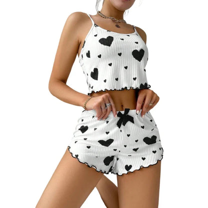 Heart Print Pajama Set with Adjustable Cami Top and Bow Shorts for Women by Cralom