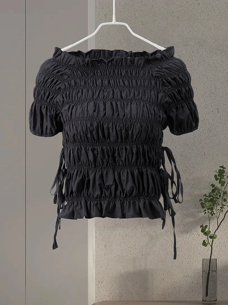 Cralom Lace Up Pleated High Neck Shirt - Vintage Style Slim Fit Top