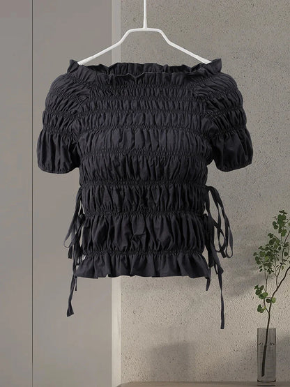Cralom Lace Up Pleated High Neck Shirt - Vintage Style Slim Fit Top
