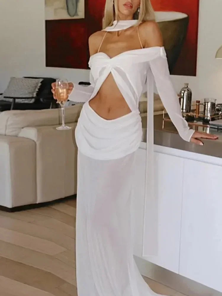 Cralom Elegant Solid Long Sleeve Maxi Dress for Summer Events
