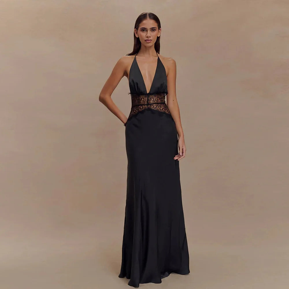 Cralom Deep V-silk Satin Long Dress with Patchwork - Elegant & Sexy