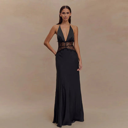 Cralom Deep V-silk Satin Long Dress with Patchwork - Elegant & Sexy