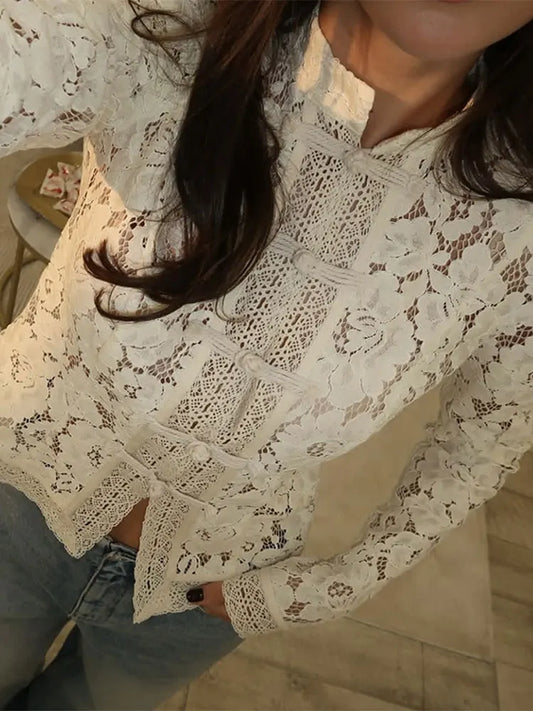 Cralom Lace Embroidery Blouse | See-Through Slim Fit Shirt | Vintage Y2K Top
