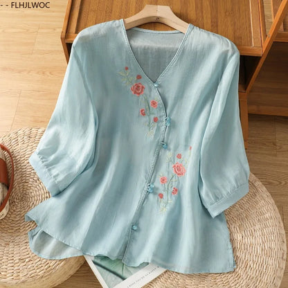 Cralom Floral Print Cotton Linen Blouse.Country Style Rustic Top for Mori Girls
