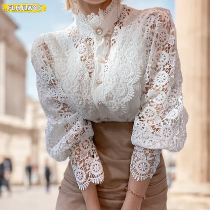Cralom Lace Half Turtleneck Top: Elegant Office Style, Long Sleeve Blouse