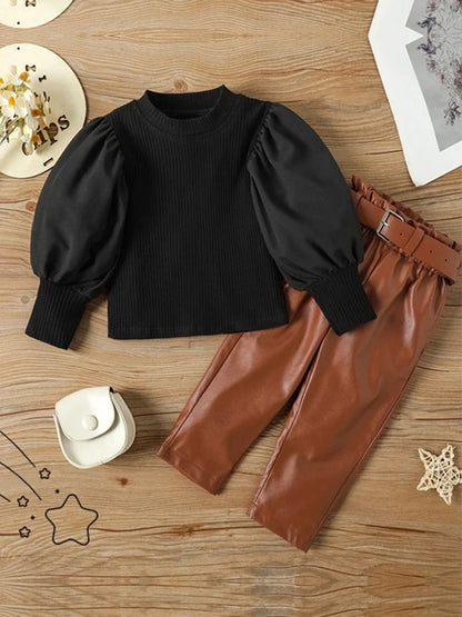 Cralom 3pcs Girl’s Puff Sleeve Ribbed Top + PU Leather Pants + Belt Set
