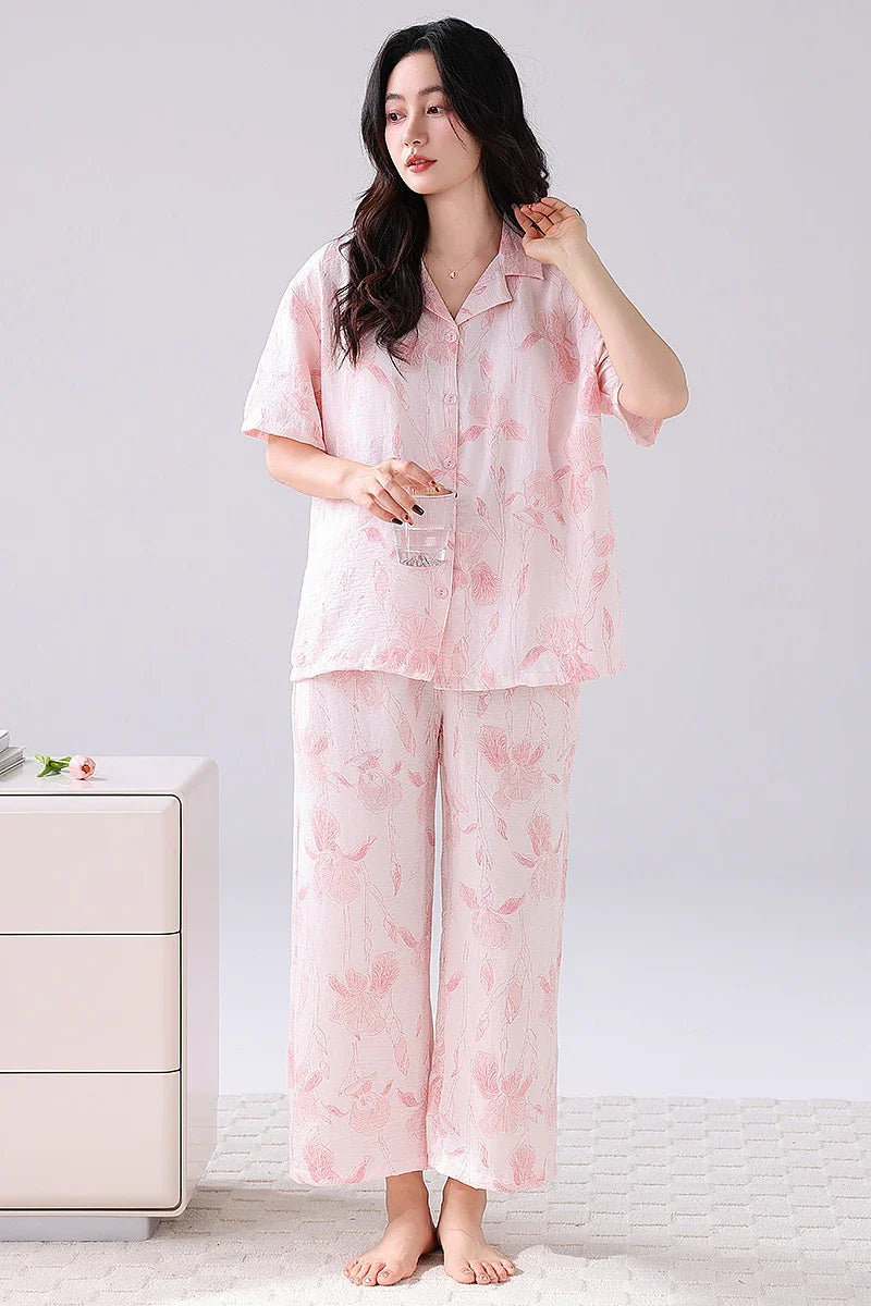 Cralom Floral Print Pajama Set: Short Sleeve Top with Built-in Bra and Breathable Pants